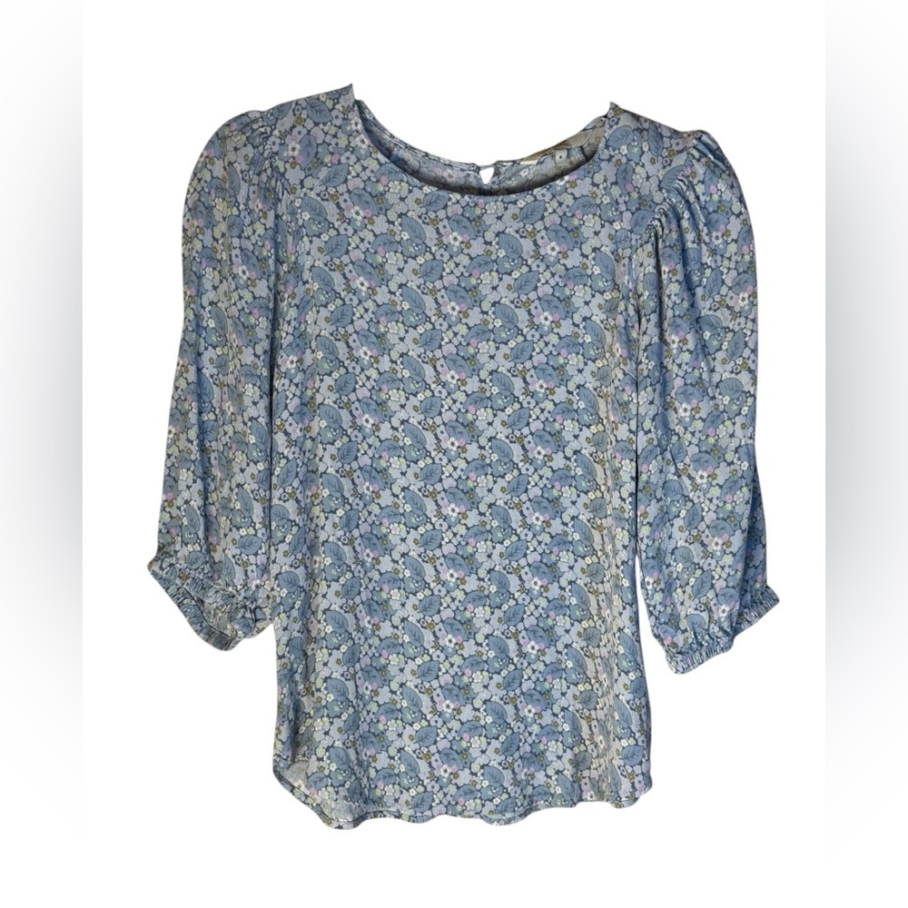 UK Brand Next Romantic Blue Floral Top: Shirred Puff Sleeves Elastic Cuffs US 6